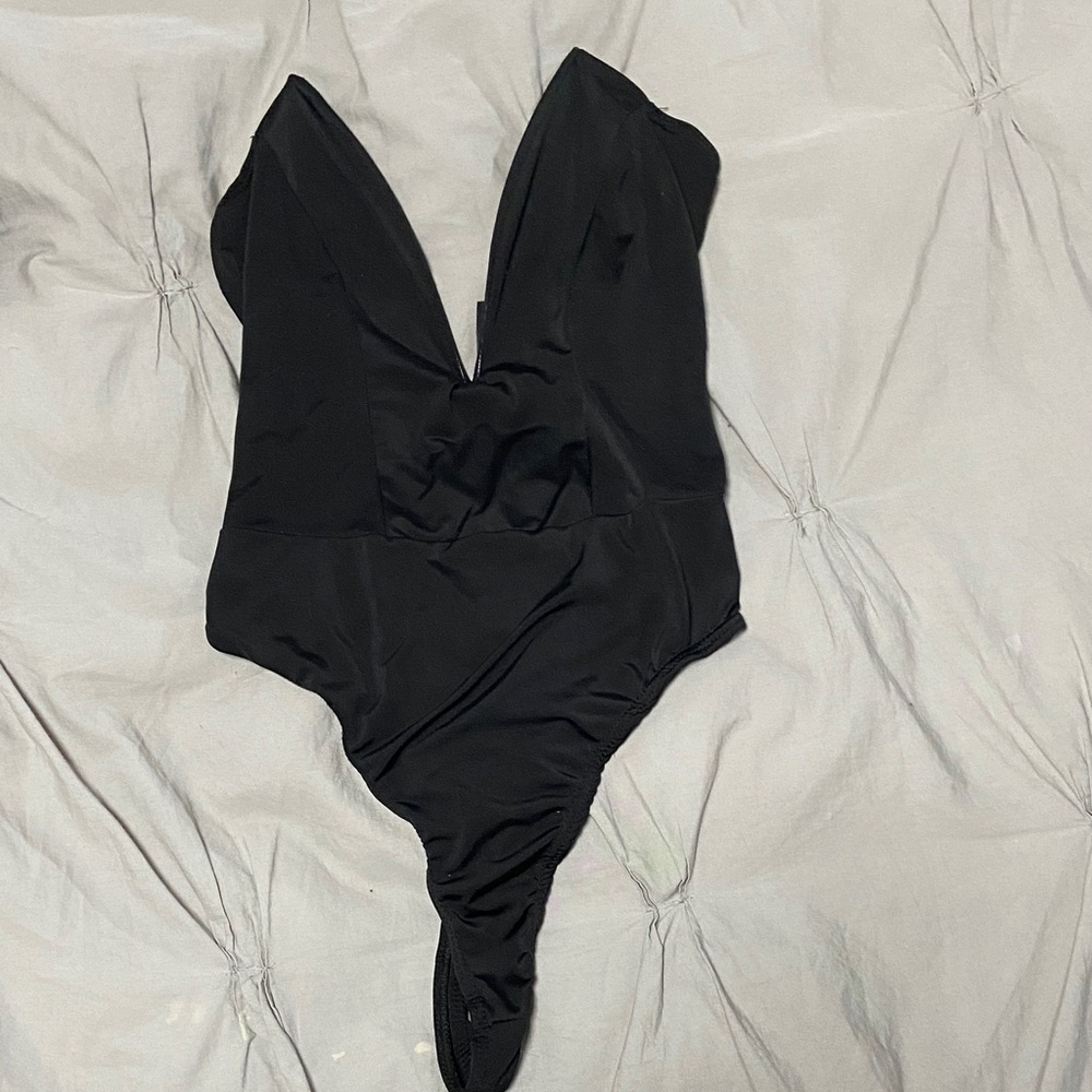 Black deep V thong bodysuit